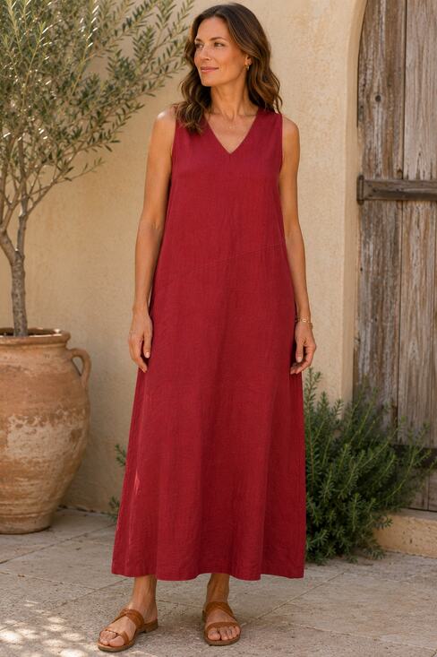 The Territory Ahead Dresses & Skirts - The Territory Ahead Linen Maxi Shift Dress Red Sleeveless V Neck 12